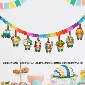 Festive children party banner with colorful cartoon animals on a train garland decoration