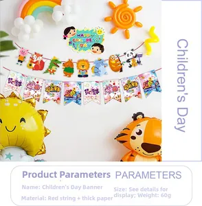 Close-up of Children's Day cartoon banner with animal patterns and red rope