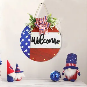 Patriotic wooden Welcome door sign with LED lights and American flag for July 4th