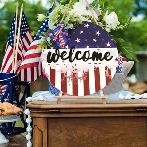 Detail view of Independence Day wooden door sign with patriotic American flag theme decor