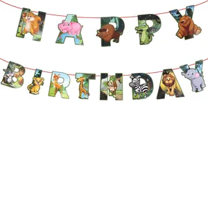 Jungle animal theme Happy Birthday banner for children's party decoration and supplies.
