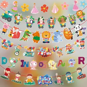 Cartoon Animal Paper Banner Children's Day Decoration Classroom Mall Party Hanging Garland Colorful Dinosaur Train Theme Background Decor