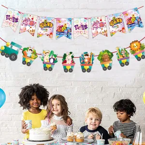 Colorful cartoon animal train banner hanging for kids birthday party decoration set