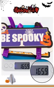 Macro view showing the weight of the Halloween wooden welcome sign on a digital scale