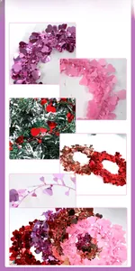 Close-up details of heart-shaped tinsel garlands in vibrant red, pink, and purple colors.