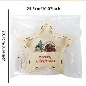 Lighted wooden Christmas star tabletop decoration with snowman and Merry Christmas text