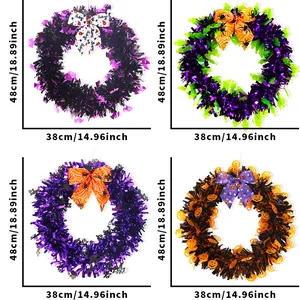 Set of Halloween tinsel wreaths with bat pumpkin ghost spider decor 48x38cm size