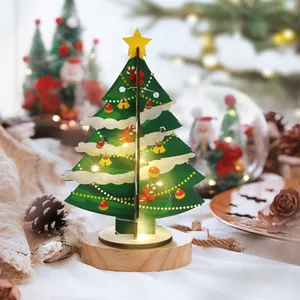 DIY Wooden 3D Christmas Tree Tabletop Ornament With LED Warm Lights Handmade Green Desktop Decoration Holiday Kids Gift