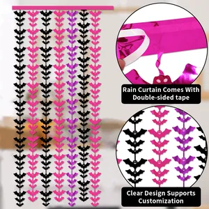 Detailed view of Halloween bat rain curtain showing double-sided tape and glossy texture.