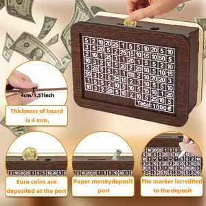 Detail view of wooden money box showing 4mm board thickness and deposit ports for cash.