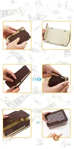 Steps showing the assembly process of a wooden piggy bank with a dollar counter.
