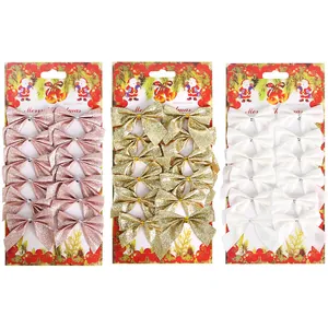 Set mit 12 Mini-Weihnachtsschleifen aus Glitzer und Satin in Rosa, Gold und Weiß
