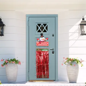 Festive Christmas snowman welcome wooden sign with vibrant red tinsel fringe for door