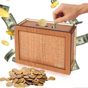 Wooden money box with goal counter showing a 3,000 Euro savings challenge progress