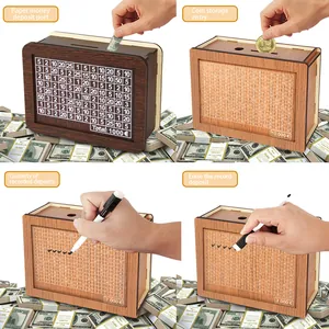 Detailed functional demonstration of wooden money box with savings target counter and marker
