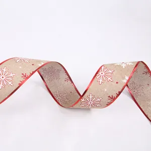 10m Christmas burlap ribbon with red snowflake patterns and metallic edges for gift DIY decor