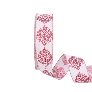White imitation linen ribbon with red glittery damask pattern for Christmas decor