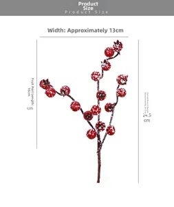 Détail d'une branche de baies rouges givrées artificielles avec mesures pour décoration de Noël