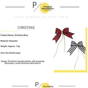 Close-up detail of red and black plaid Christmas bows featuring natural twine ties