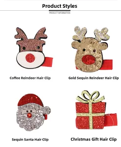 Detailed set of four glittery Christmas hair clips with Santa and reindeer designs.