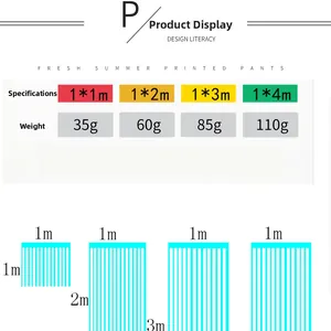 Specification chart showing different sizes of green foil fringe party curtains