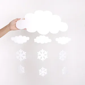 Close-up of white foam cloud and snowflake Christmas hanging decoration for ceiling