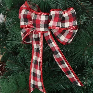 Large decorative red and black buffalo plaid Christmas bow for tree and gift box decoration