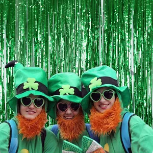 Saint Patrick's Day Πράσινη Κουρτίνα με Μεταλλικά Κρόσσια Διακόσμηση Πάρτι Ιρλανδικό Φεστιβάλ Λέιζερ Γυαλιστερό Φόντο Τοίχου