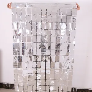 Shiny Silver Square Foil Fringe Curtain Metallic Backdrop For Birthday Wedding Party Decoration Wall Hanging Photo Props