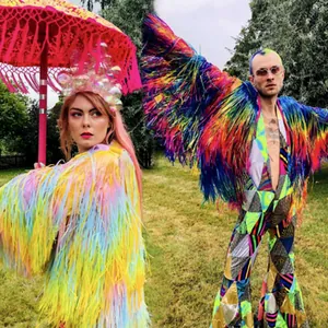 Macaron Rainbow Tinsel Fringe Jacket For Festival Party Carnival Costume Colorful Laser PET Material Performance Tassel Jacket Coat