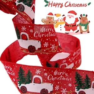 Ruban de Noël rouge avec camion blanc et sapin pour emballage cadeau 10m
