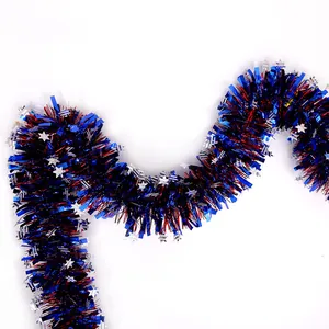 Blue and red tinsel garland with silver stars for Independence Day party decoration