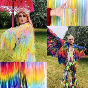 Detailed collage of a vibrant rainbow rain silk tassel jacket for festive parties