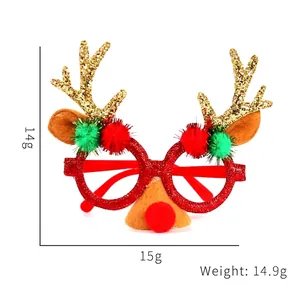Festive Christmas reindeer glasses frame with glitter antlers and red green pom-poms.
