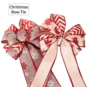 Large double-layer Christmas burlap bows with red snowflake patterns for tree decor