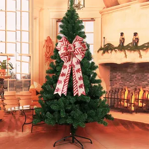 Large double-layered burlap Christmas tree bow with red maple leaf and stripe patterns.