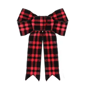 Noeud décoratif de Noël à carreaux buffalo rouge et noir pour sapin de Noël et couronne festive