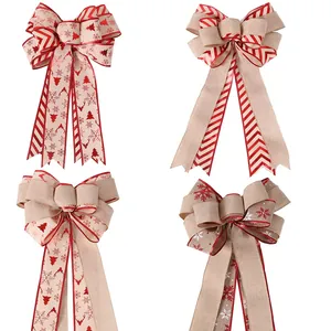 Large Christmas Burlap Bow For Tree Top Decoration Red Gold Maple Leaf Snowflake Reindeer Pattern For Holiday Party Home Decor