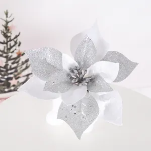 Glittering white and silver artificial poinsettia flower for Christmas tree decoration