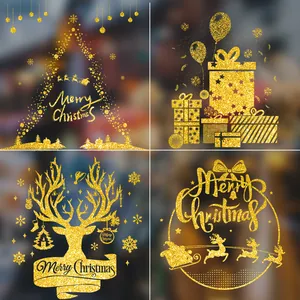 Gold Glitter Christmas Window Stickers Removable PVC Glass Decals Merry Christmas Reindeer Snowflake For Shop Home Holiday Decor