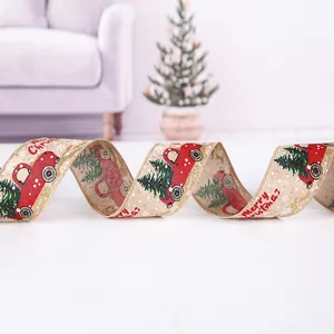 5m Christmas burlap ribbon featuring a vintage red truck and tree print for holiday decorations