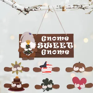 Rustic Wooden Gnome Sweet Gnome Hanging Sign With 6 Interchangeable Seasonal Accessories For Christmas Halloween Home Door Decor