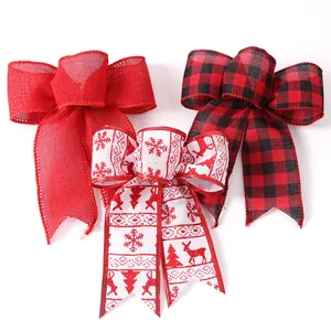Lot de nœuds décoratifs de Noël en toile de jute avec carreaux rouges et motifs festifs