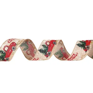 Premium 6-meter burlap Christmas ribbon with red truck and pine tree festive prints