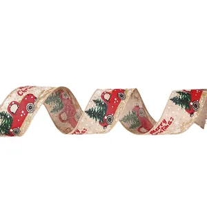 5cm Christmas burlap ribbon with festive red truck and tree print for tree decor