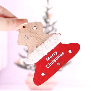 Rustic wooden Christmas hat ornament with white fleece trim and Merry Christmas print