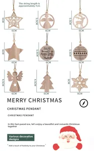 Juego de nueve adornos navideños rústicos de madera con formas variadas y colgadores de cuerda
