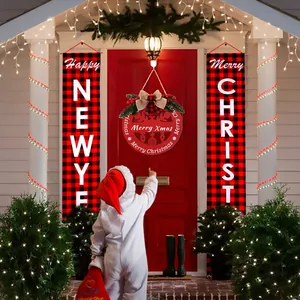 Panneau de porte de Noël en bois rouge et bannières de porche à carreaux