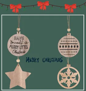 Set of four rustic wooden Christmas ornaments featuring star and snowflake cutout shapes