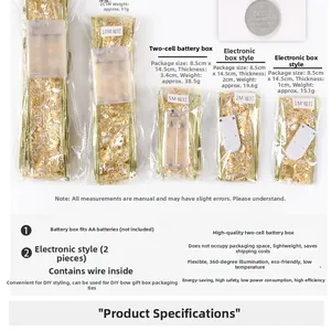 Detailed specifications for battery boxes and lengths of the gold LED ribbon light string.